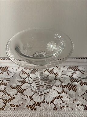 Etched Glass Compote Pedestal Bowl